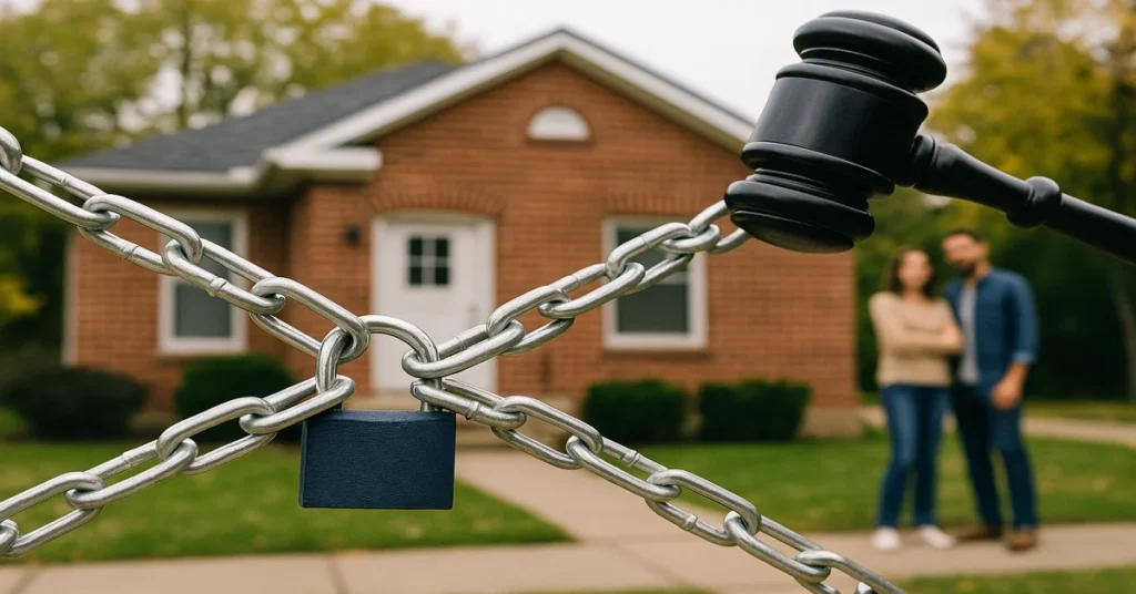 Casa residencial com corrente e martelo representando a penhora de bem de família conforme a Lei 8.009/1990 e decisões do STJ